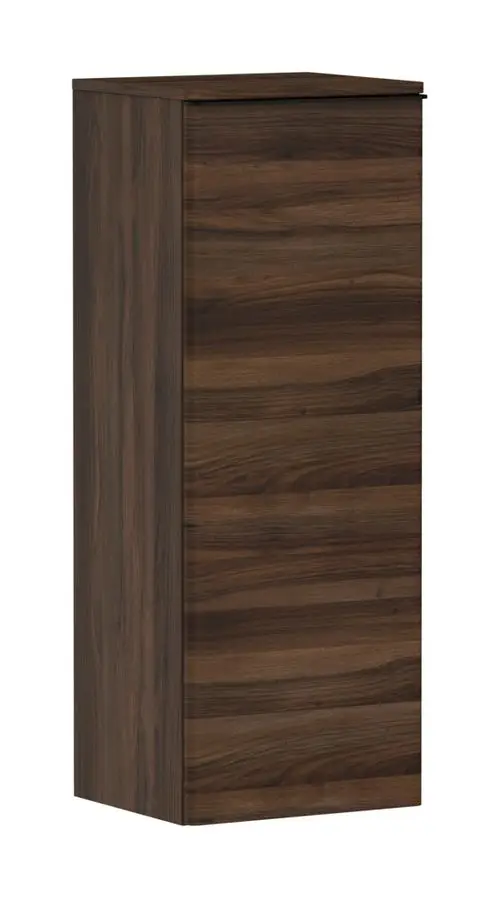 Dunkler Holzschrank mit einer glatten Oberfläche und seitlicher Tür, passend für Badezimmermöbel von Hansgrohe.